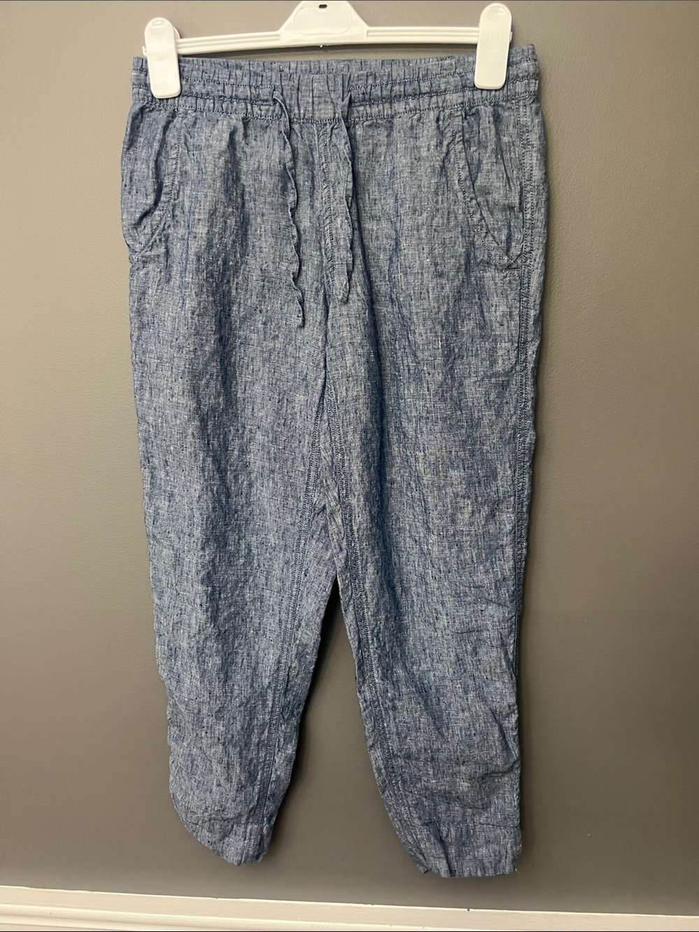 L.L. Bean Women’s Heathered Light Blue 100% Linen Drawstring Joggers - Size 2